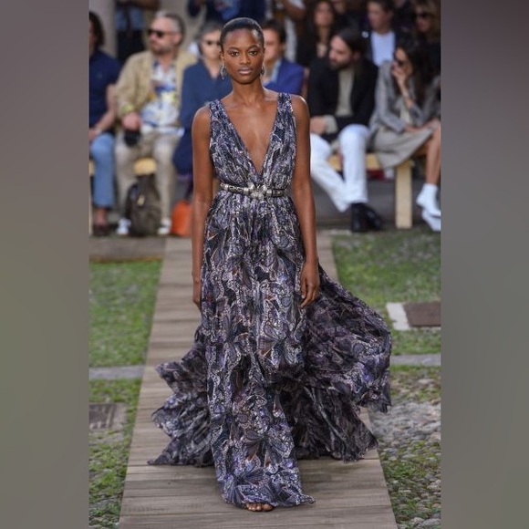 NWT Etro Runway Silk Paisley Deep V Maxi Dress Gown Sz 40